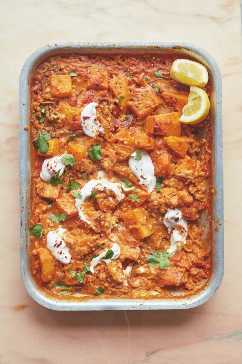 Roasted Squash & Tomato Dhal Traybake